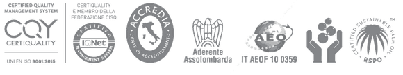 Certiquality UNI EN ISO 9001:2015, IQNet, Accredia, Aderente Assolombarda, AEO IT AEOF 10 0359, RSPO certified sustainable palm oil